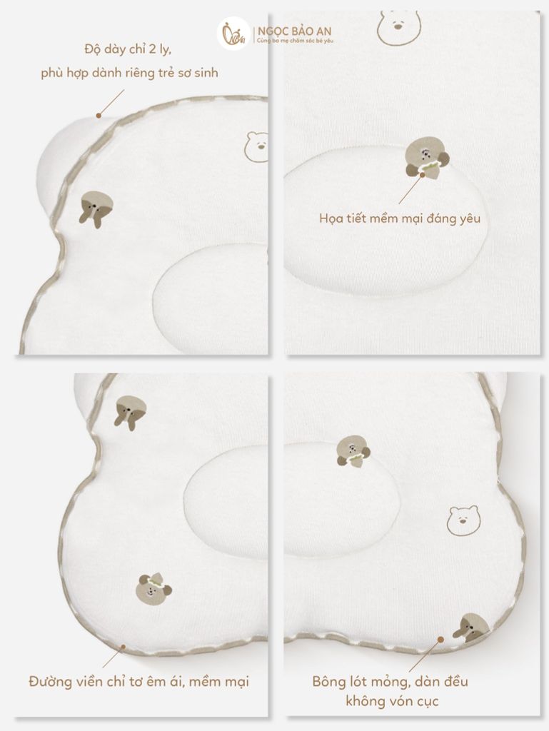 [M&B] Gối nằm cotton hình mặt gấu họa tiết gấu thỏ nâu 24x27cm