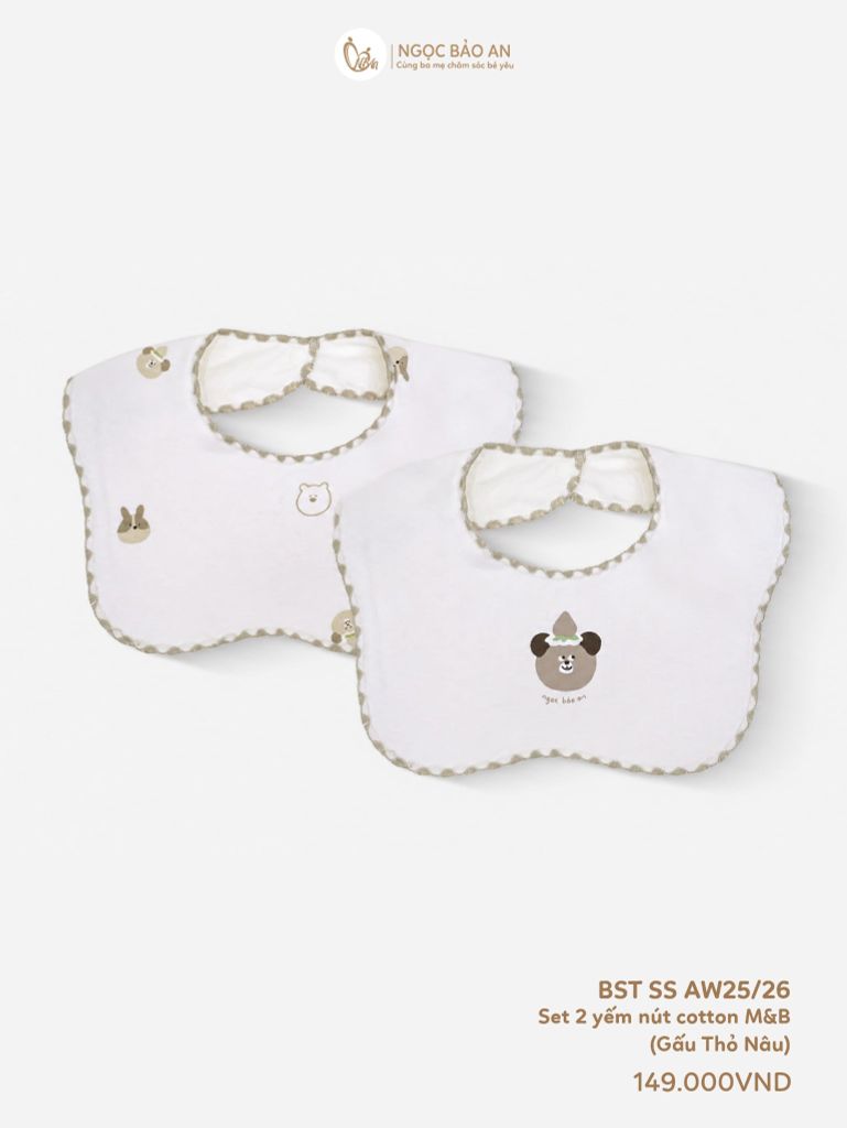 [M&B] Set 2 yếm nút cotton gấu thỏ nâu