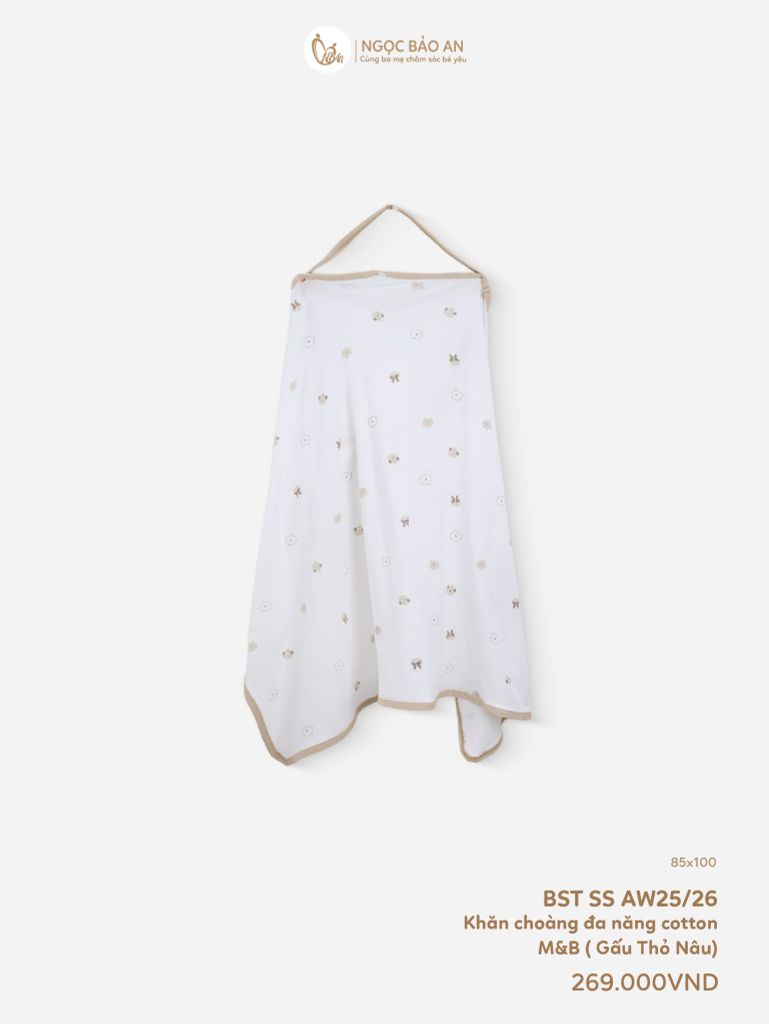 [M&B] Khăn choàng đa năng cotton họa tiết gấu thỏ nâu 85x100cm