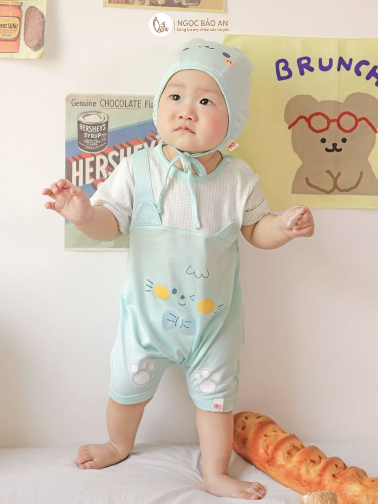 [M&B] Body đùi tay ngắn giả yếm lệch vai cat mint (NB-12m)