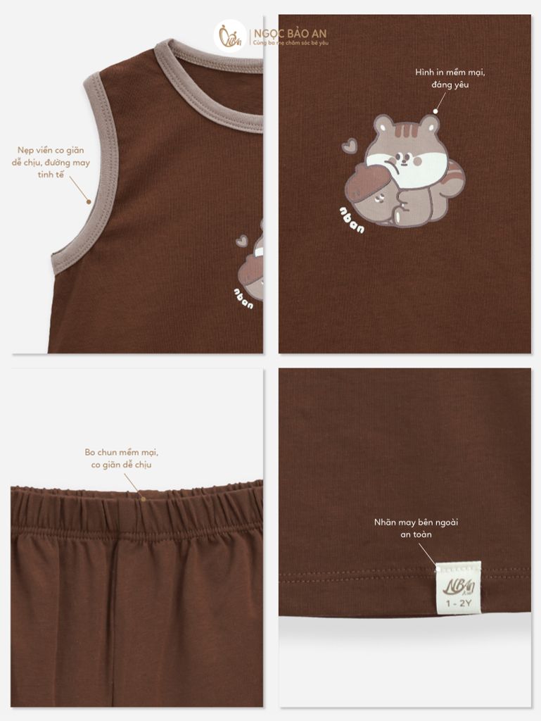 [NGỌC BẢO AN KIDS] Bộ sát nách thể thao cotton co giãn 4c nâu (1-3 tuổi)