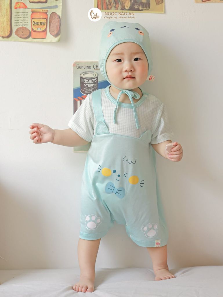 [M&B] Body đùi tay ngắn giả yếm lệch vai cat mint (NB-12m)