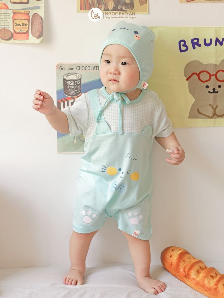 [M&B] Body đùi tay ngắn giả yếm lệch vai cat mint (NB-12m)