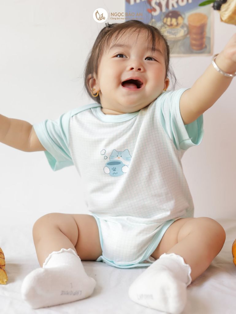 [M&B] Bodychip tay ngắn caro cat mint (NB-12m)