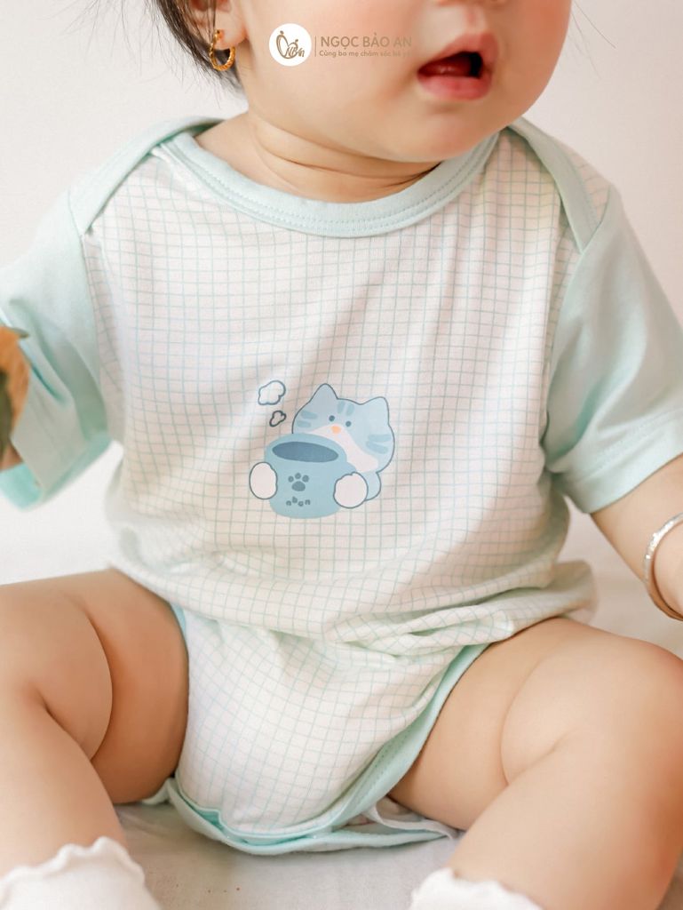 [M&B] Bodychip tay ngắn caro cat mint (NB-12m)