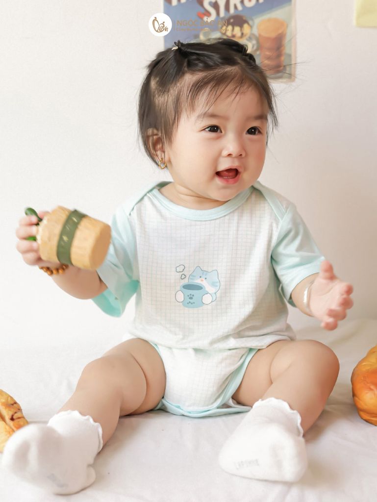 [M&B] Bodychip tay ngắn caro cat mint (NB-12m)