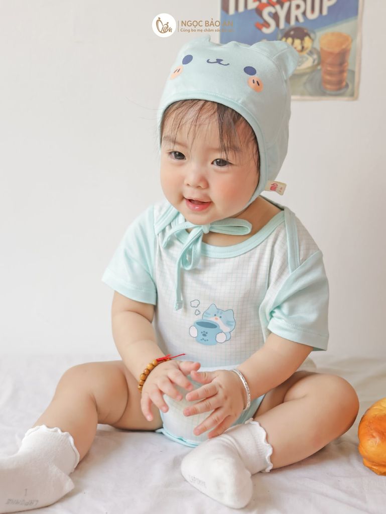 [M&B] Bodychip tay ngắn caro cat mint (NB-12m)