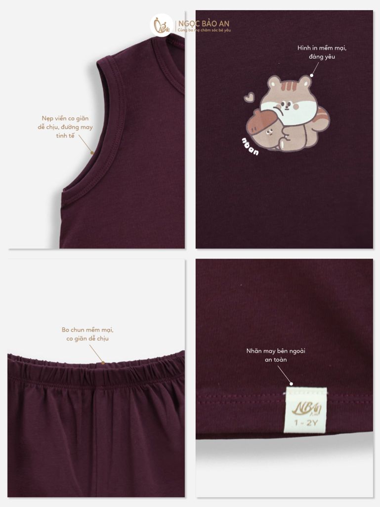 [NGỌC BẢO AN KIDS] Bộ sát nách thể thao cotton co giãn 4c tím đậm (1-3 tuổi)