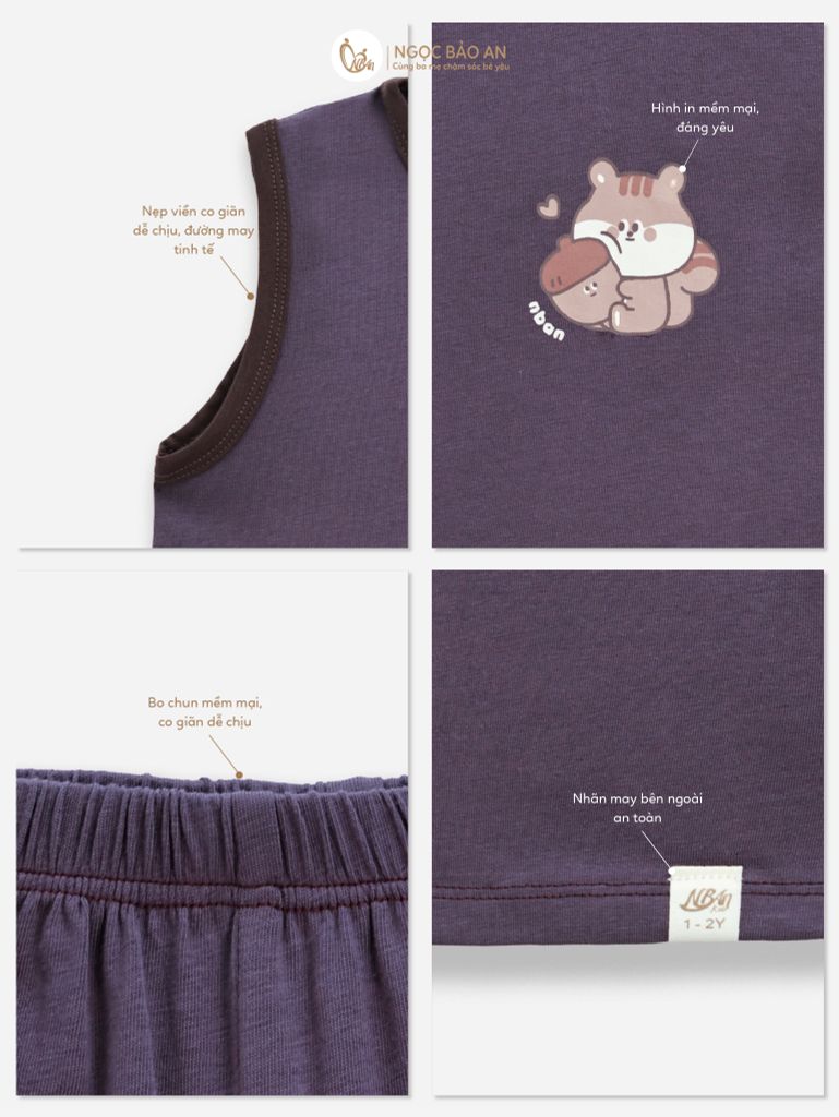 [NGỌC BẢO AN KIDS] Bộ sát nách thể thao cotton co giãn 4c tím nhạt  (1-3 tuổi)