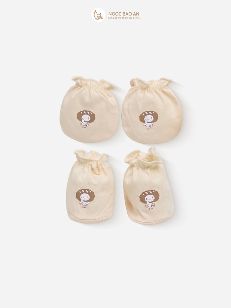 [M&B] Set nón bao tay chân thun cotton sơ sinh gấu bread vàng