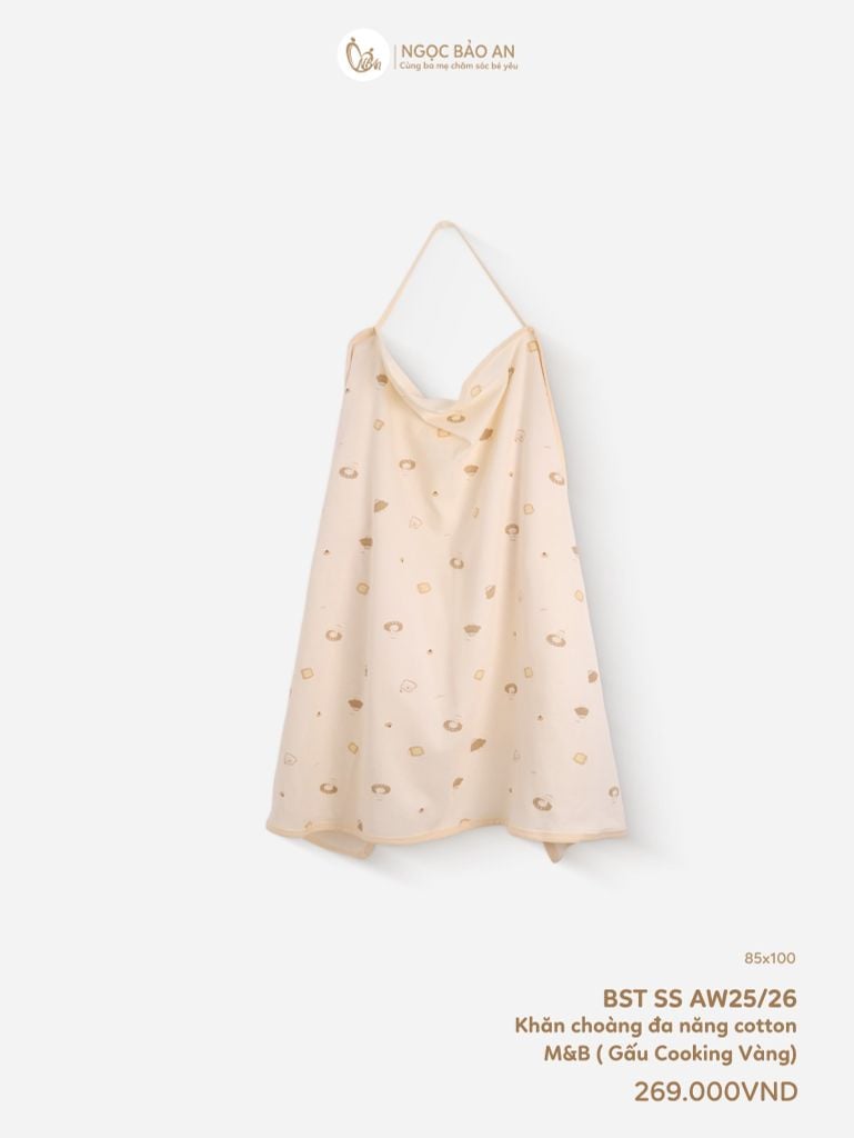 [M&B] Khăn choàng đa năng cotton họa tiết gấu cooking vàng 85x100cm