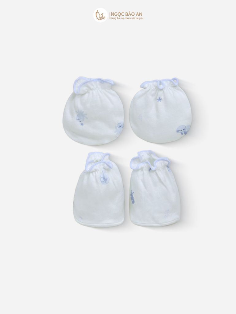 [M&B] Set nón bao tay chân thun cotton sơ sinh bạch tuộc xanh