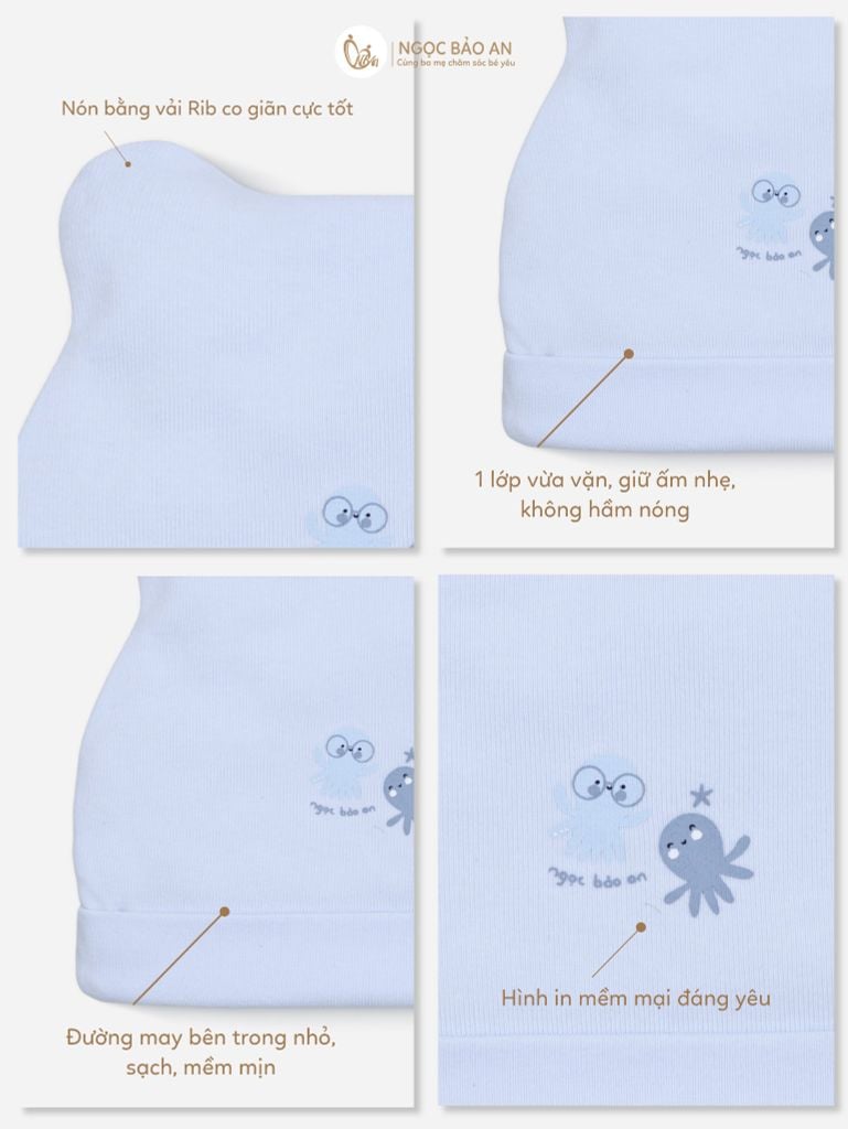 [M&B] Set nón bao tay chân bo cotton sơ sinh bạch tuộc xanh
