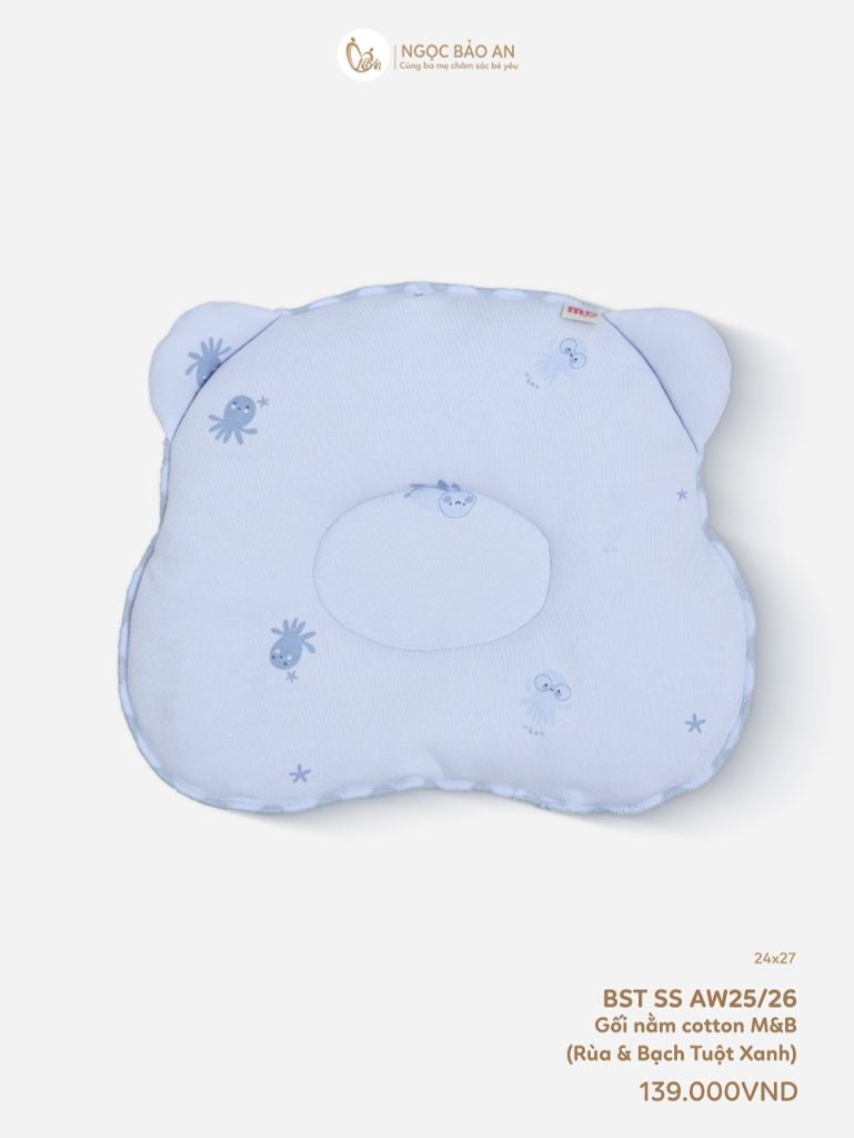 [M&B] Gối nằm cotton hình mặt gấu họa tiết rùa & bạch tuộc xanh 24x27cm
