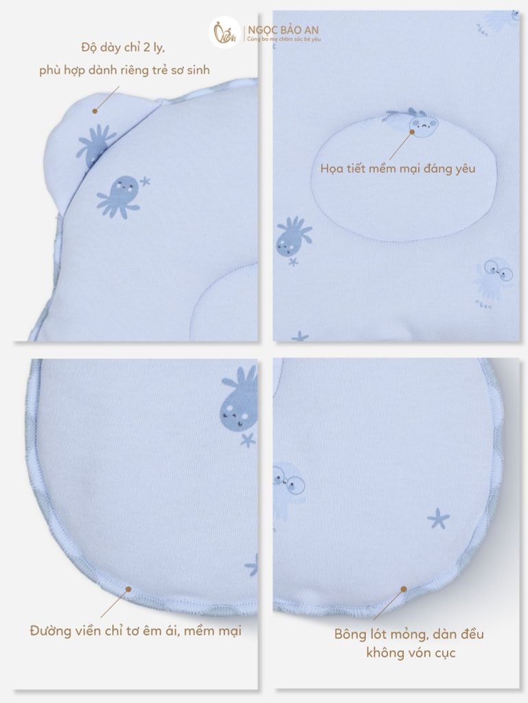 [M&B] Gối nằm cotton hình mặt gấu họa tiết rùa & bạch tuộc xanh 24x27cm