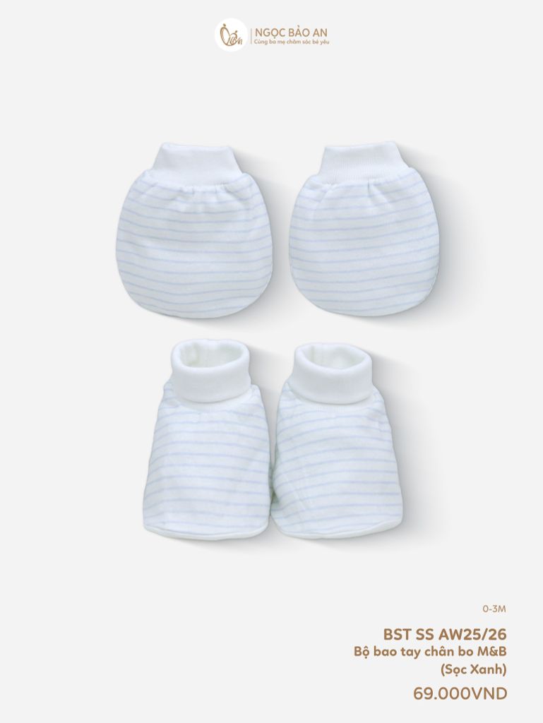 [M&B] Bộ bao tay chân bo cotton sơ sinh họa tiết Sọc Xanh