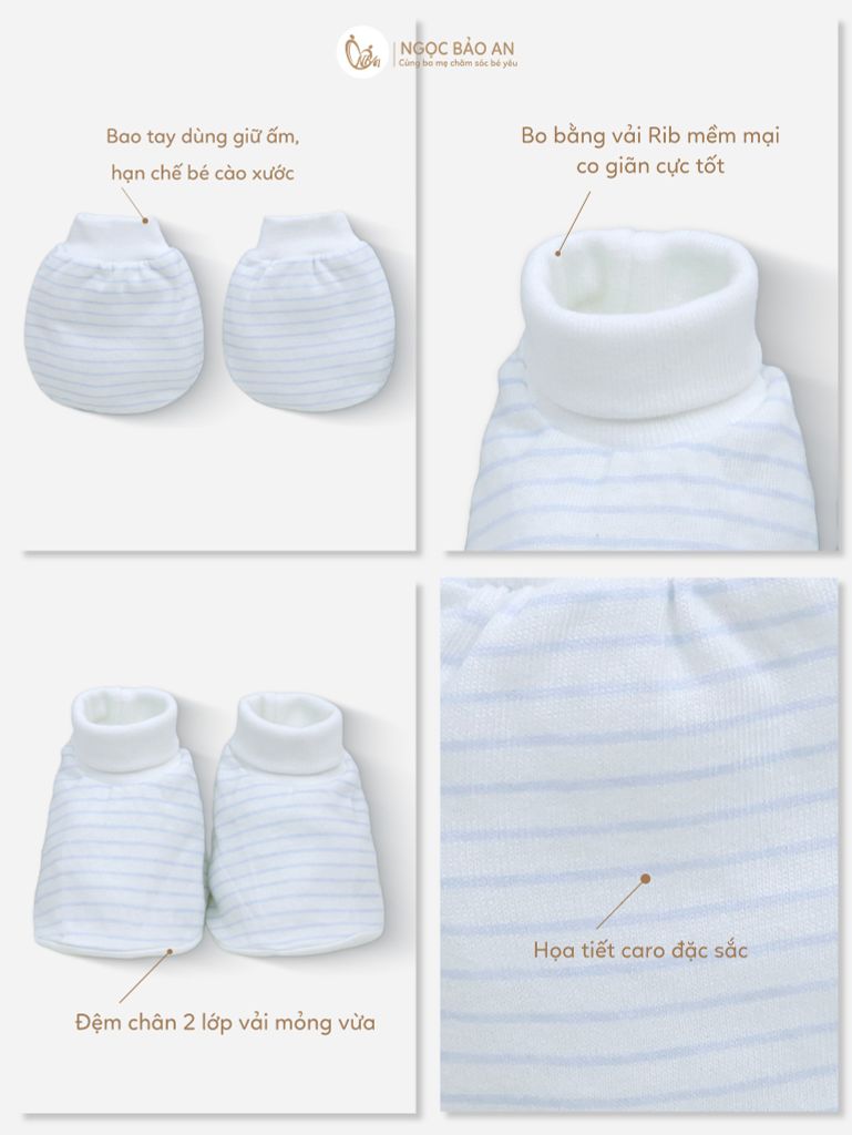 [M&B] Bộ bao tay chân bo cotton sơ sinh họa tiết Sọc Xanh