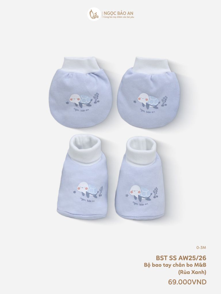 [M&B] Bộ bao tay chân bo cotton sơ sinh họa tiết Rùa Xanh