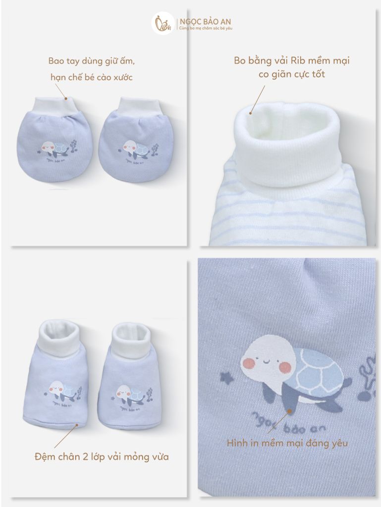 [M&B] Bộ bao tay chân bo cotton sơ sinh họa tiết Rùa Xanh