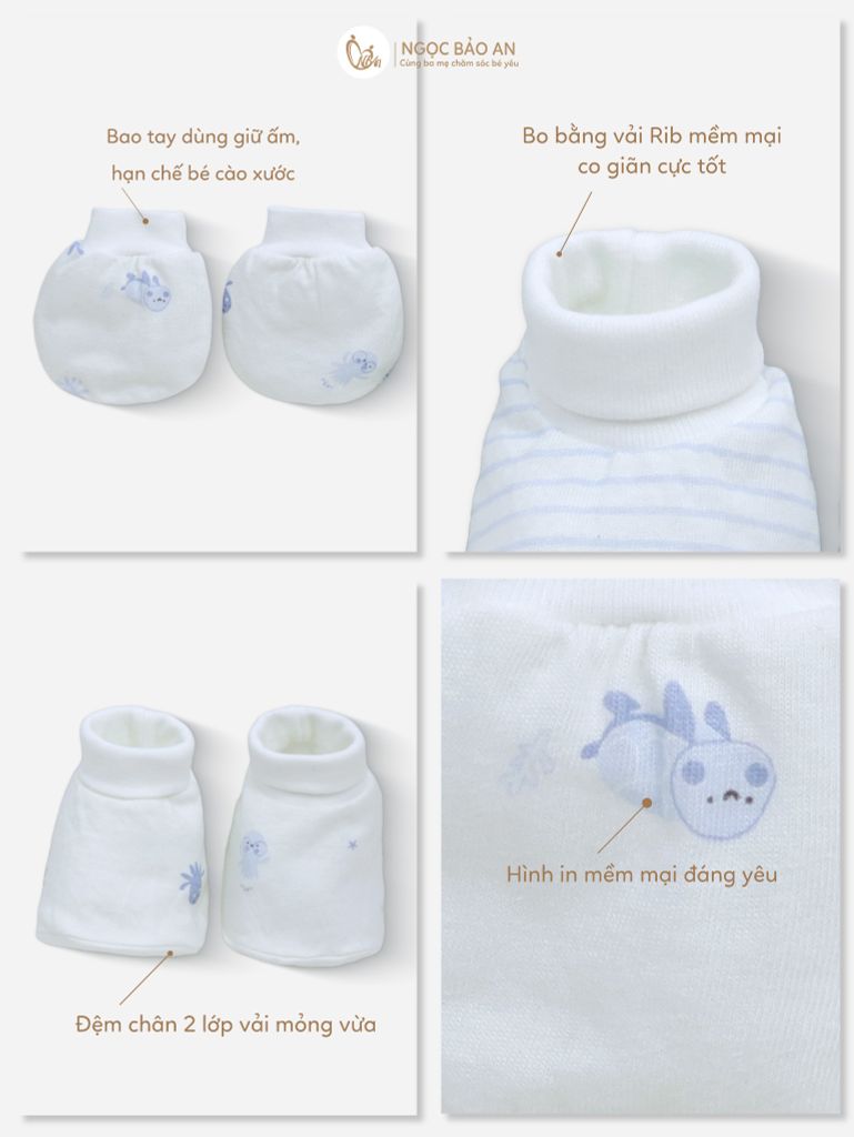 [M&B] Bộ bao tay chân bo cotton sơ sinh họa tiết Bạch Tuộc Xanh