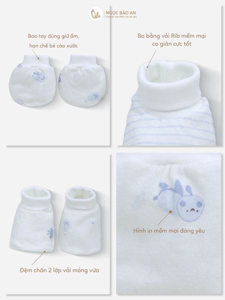 [M&B] Set nón bao tay chân bo cotton sơ sinh bạch tuộc xanh