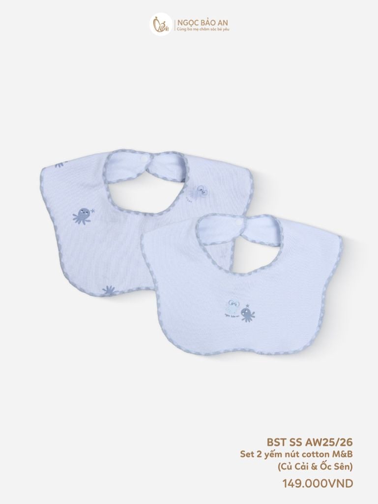 [M&B] Set 2 yếm nút cotton rùa và bạch tuộc xanh