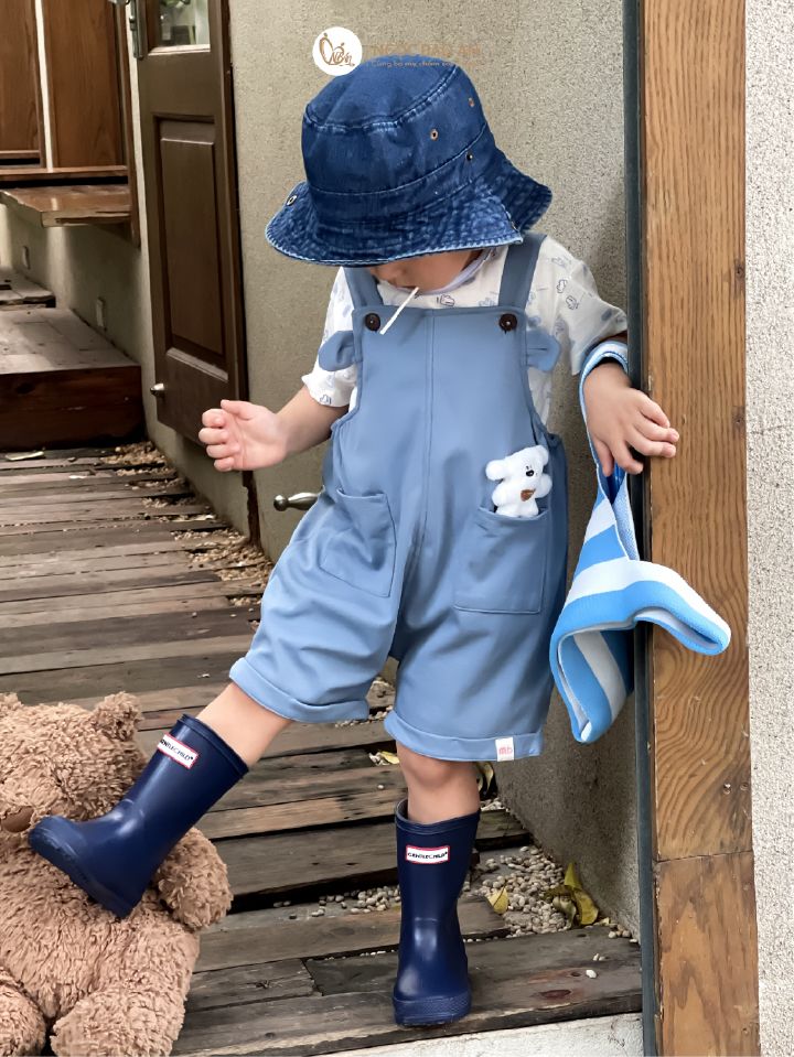 [M&B] BST Gấu: Bộ quần áo yếm ngắn gấu xanh có túi