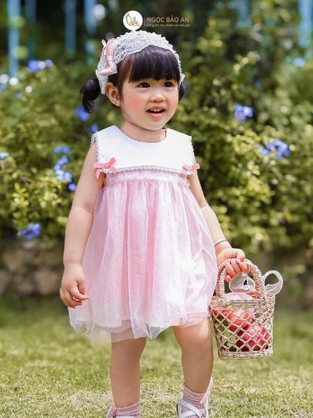 [M&B] BST Pink Girl: Đầm xoè công chúa M&B cotton bé gái (Gấu Hồng)