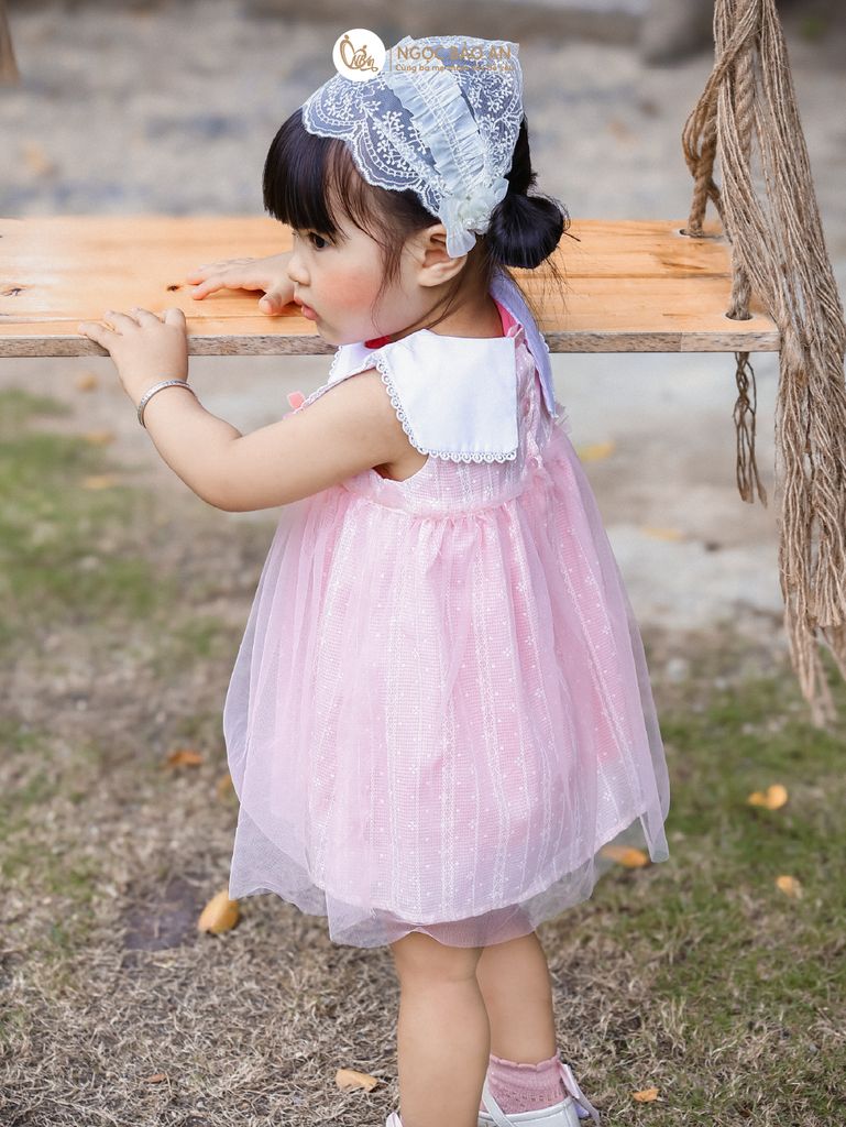 [M&B] BST Pink Girl: Đầm xoè công chúa M&B cotton bé gái (Gấu Hồng)