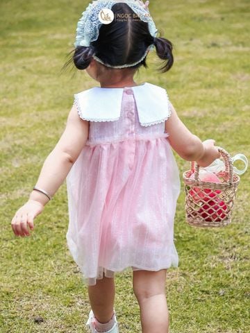 [M&B] BST Pink Girl: Đầm xoè công chúa M&B cotton bé gái (Gấu Hồng)