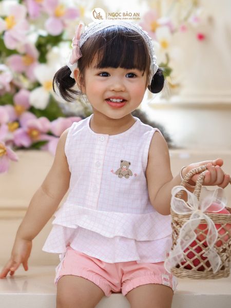 [M&B] BST PINK GIRL: Bộ sát nách babydoll Caro gấu hồng