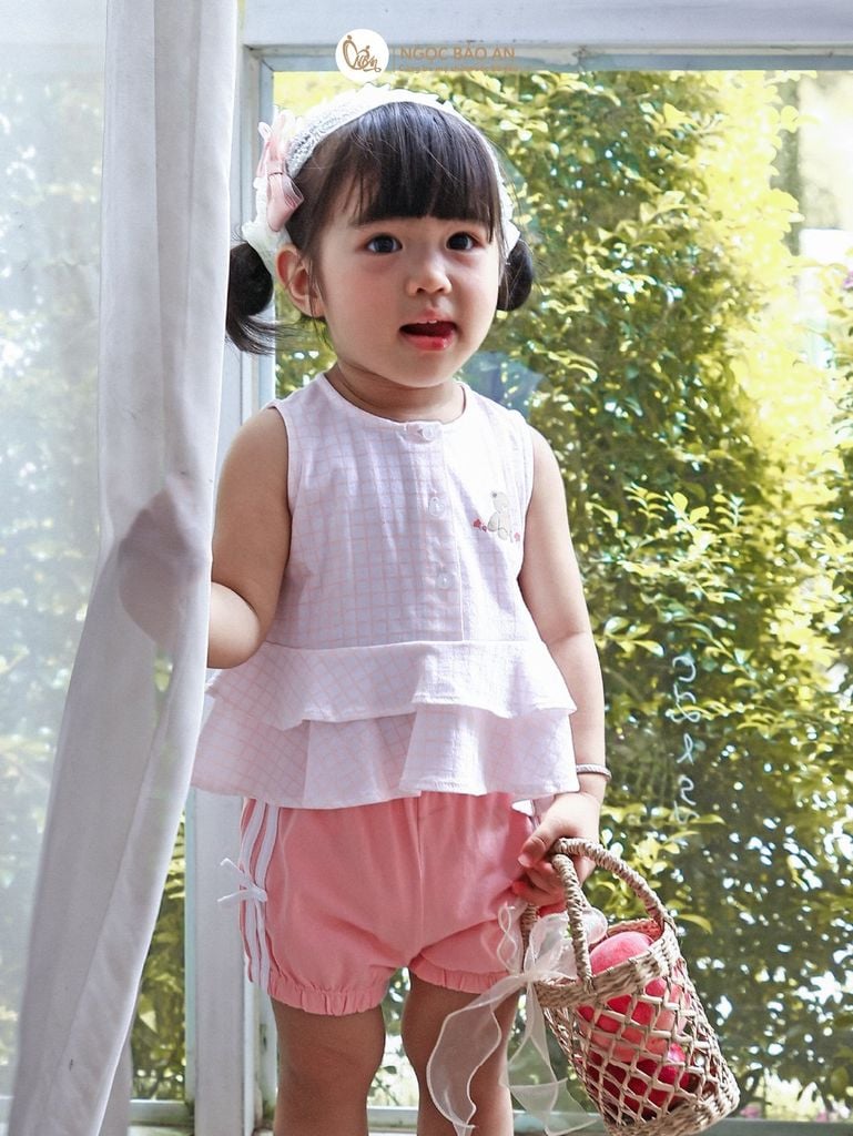 [M&B] BST PINK GIRL: Bộ sát nách babydoll Caro gấu hồng