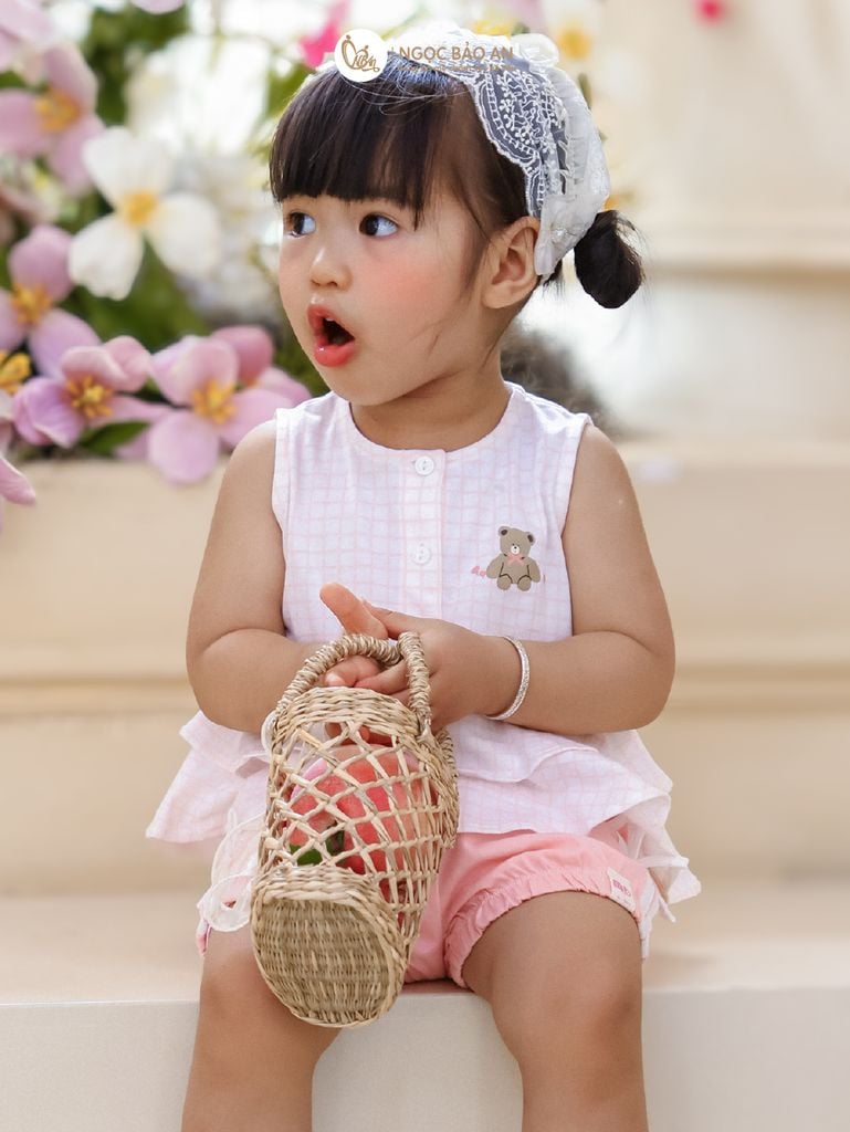 [M&B] BST PINK GIRL: Bộ sát nách babydoll Caro gấu hồng