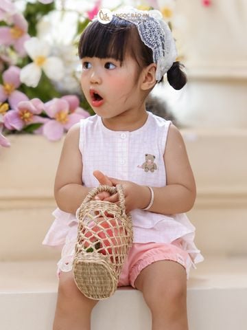 [M&B] BST PINK GIRL: Bộ sát nách babydoll Caro gấu hồng