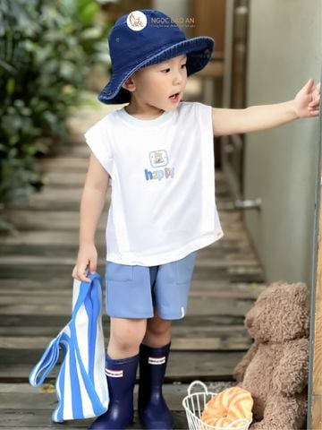 [M&B] BST Gấu: Bộ quần áo sát nách M&B gấu happy xanh