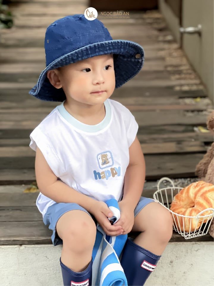 [M&B] BST Gấu: Bộ quần áo sát nách M&B gấu happy xanh