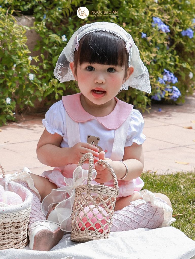 [M&B] BST PINK GIRL: Set áo+yếm bé Gái M&B cotton (Gấu Hồng)