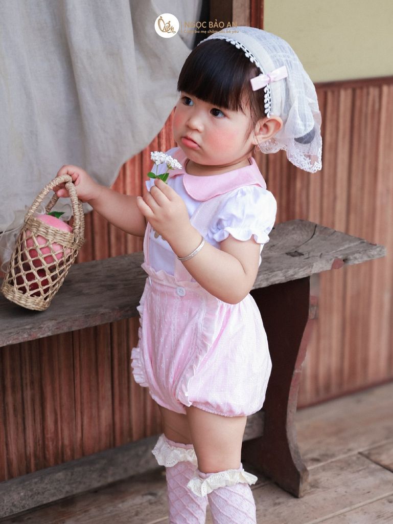 [M&B] BST PINK GIRL: Set áo+yếm bé Gái M&B cotton (Gấu Hồng)