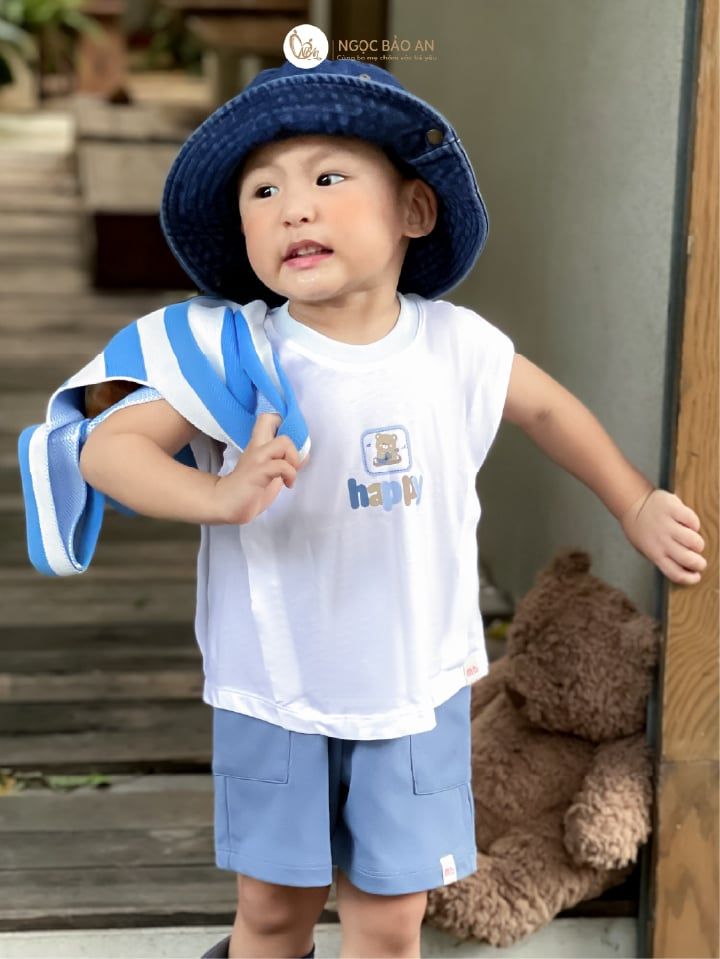 [M&B] BST Gấu: Bộ quần áo sát nách M&B gấu happy xanh