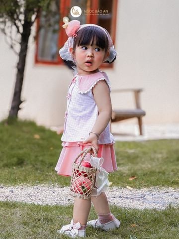 [M&B] BST PINK GIRL: Set Áo+Chân váy Caro Hồng bé gái