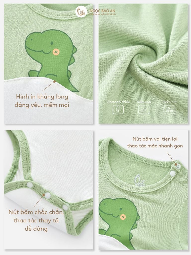 [M&B] Set bodychip tay dài kèm nón cột dây sơ sinh viscose khủng long PM (NB-12m)