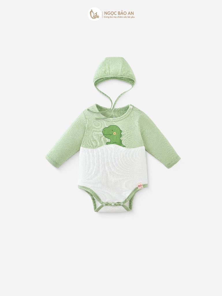 [M&B] Set bodychip tay dài kèm nón cột dây sơ sinh viscose khủng long PM (NB-12m)