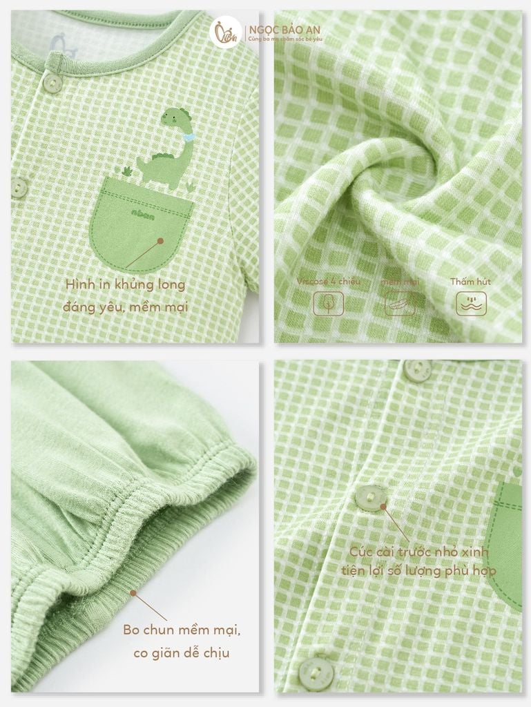 [M&B] Bộ tay ngắn cài giữa caro dino ngọc (0-24m)