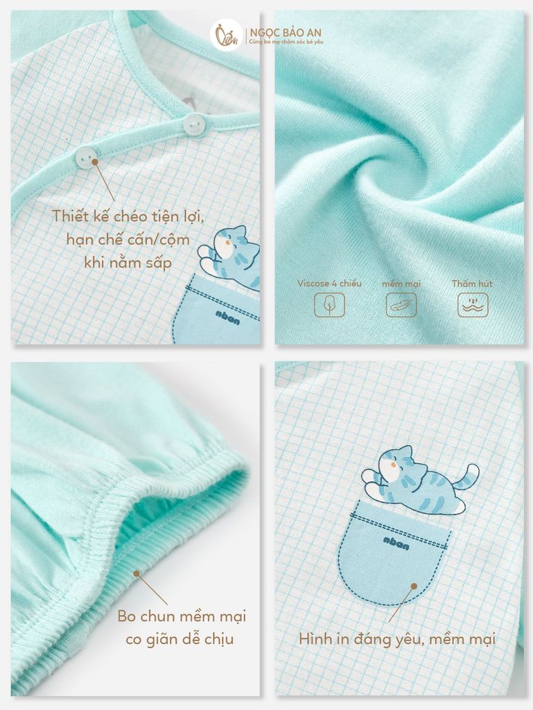 [M&B] Bộ tay dài cài bên caro cat mint (NB-24m)