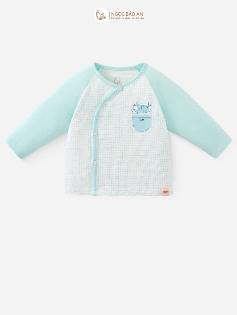 [M&B] Bộ tay dài cài bên caro cat mint (NB-24m)