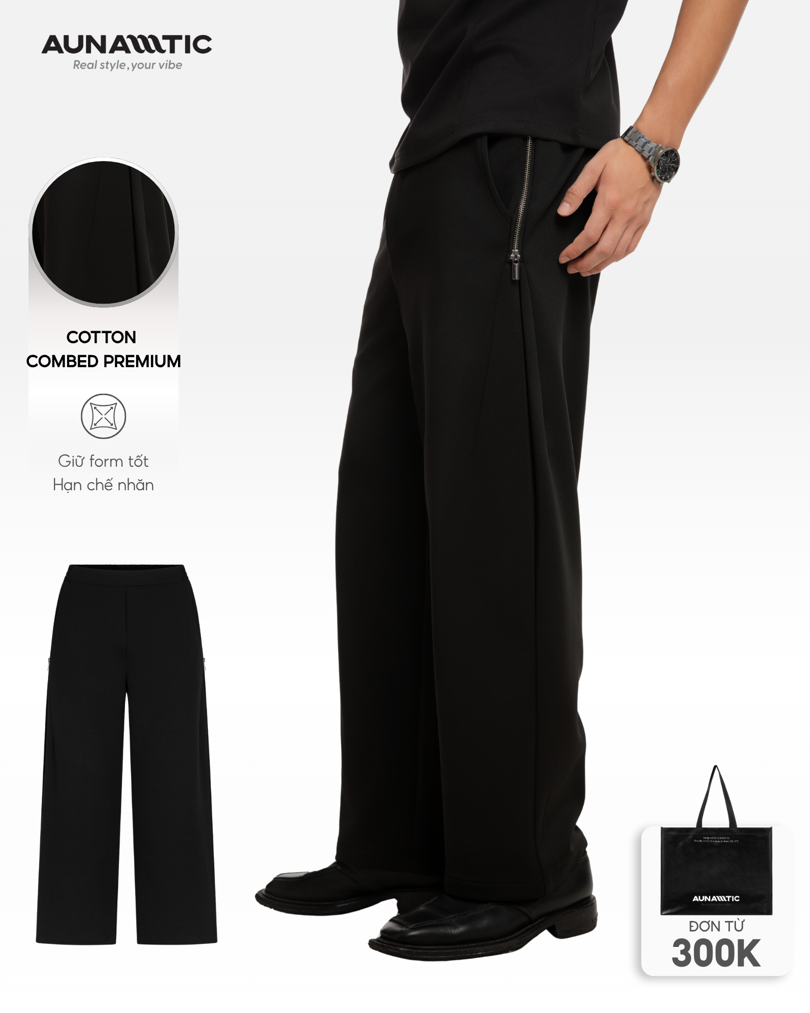 Người mẫu nam mặc quần dài nam AUNAMTIC Loose Ease Pants màu đen trong outfit casual