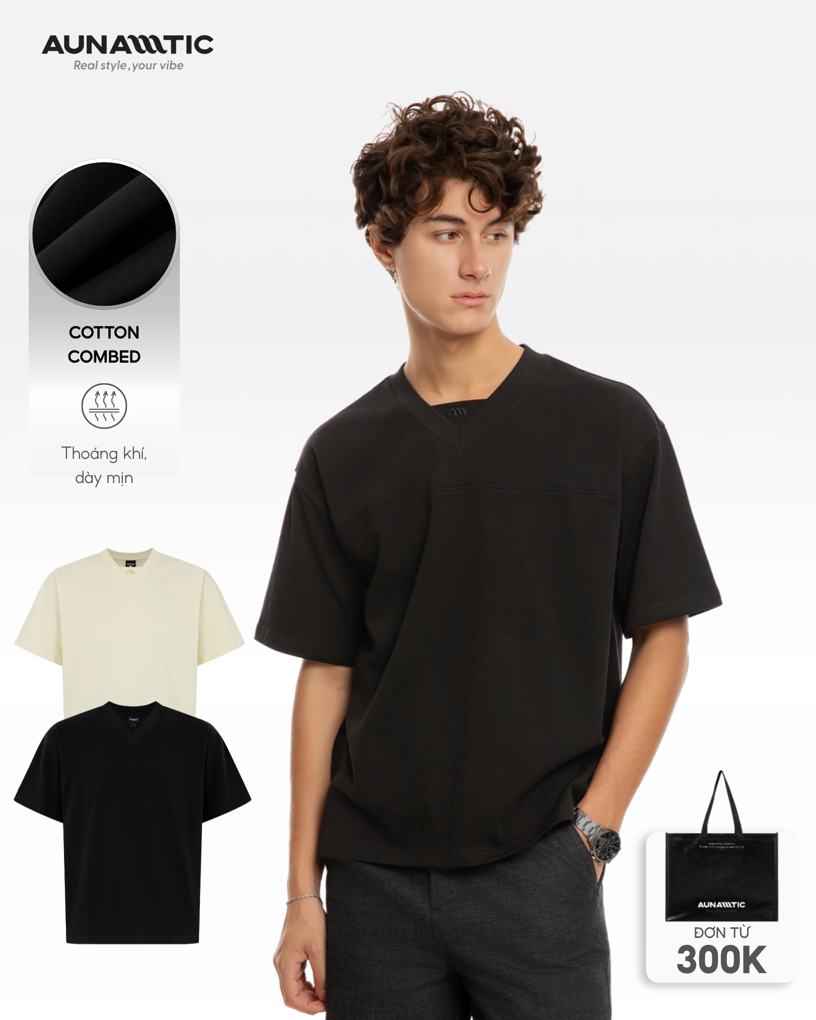 Áo thun nam cổ V AUNAMTIC V-Neck Relaxed Tee màu đen phom relaxed fit mặt trước
