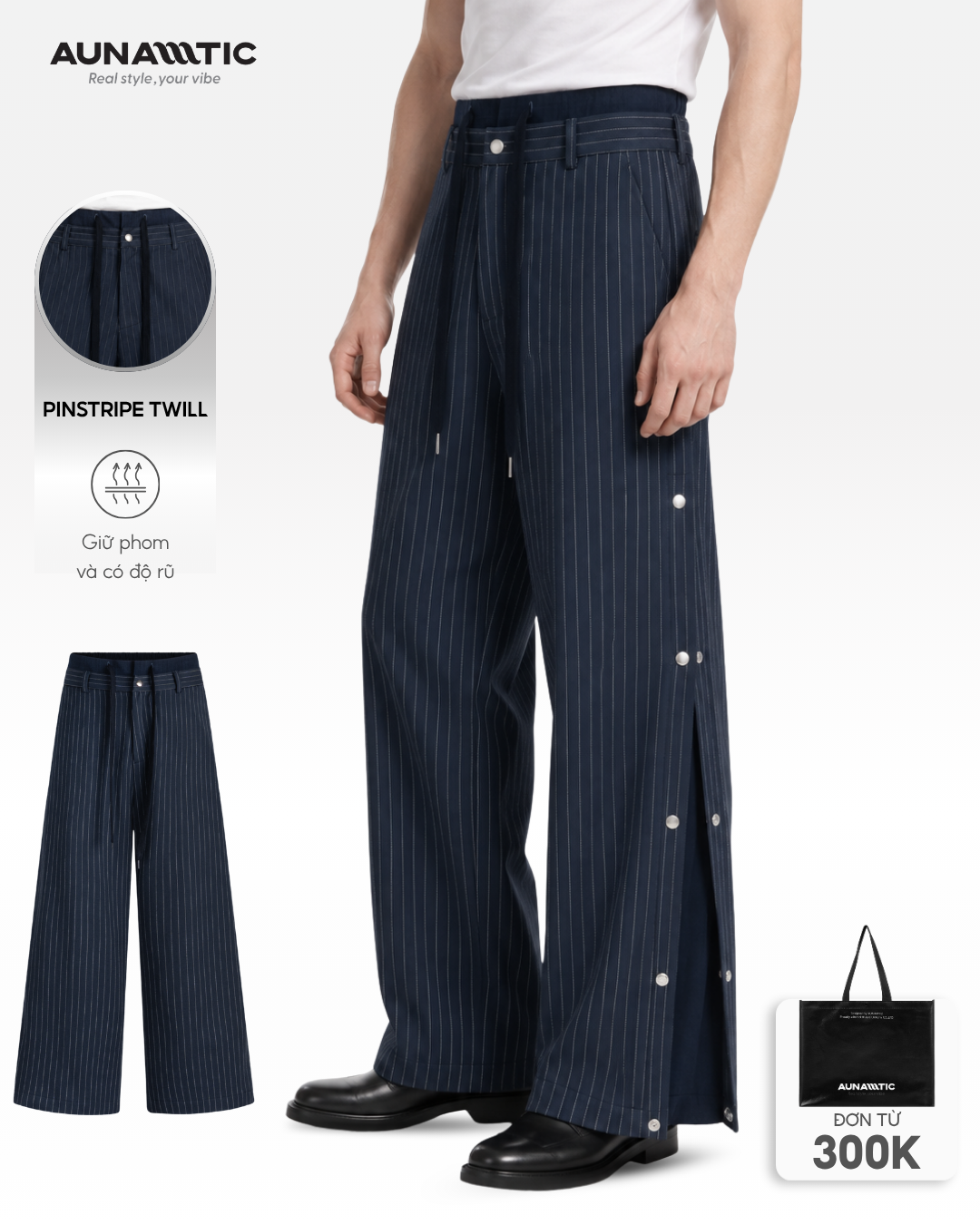  Quần Nam Snap Line Pants Ống Rộng Sọc Dọc Nút Bấm - AUNAMTIC 