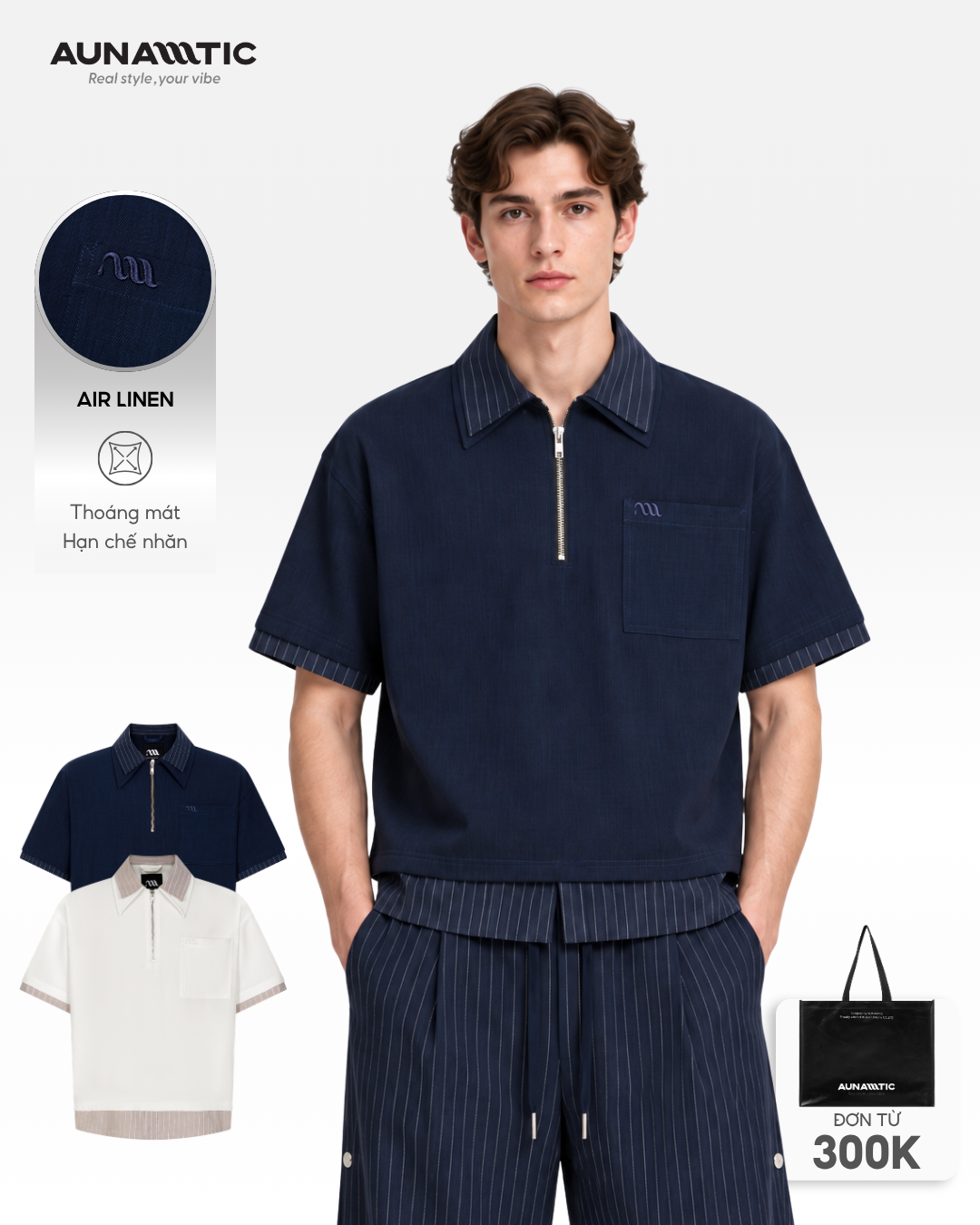  Áo Polo Nam Double Layer Zip Polo Air Linen Dây Kéo Cổ - AUNAMTIC 