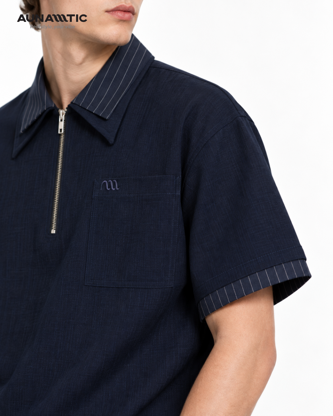  Áo Polo Nam Double Layer Zip Polo Air Linen Dây Kéo Cổ - AUNAMTIC 